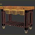 Wooden Kitchen Workbench with Black Frame Three Baskets and Striped Lower Shelf on Wheels