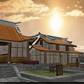 Traditional Chinese Classic Building With Overhanging Eaves Red Tiled Roof And Sunset Sky