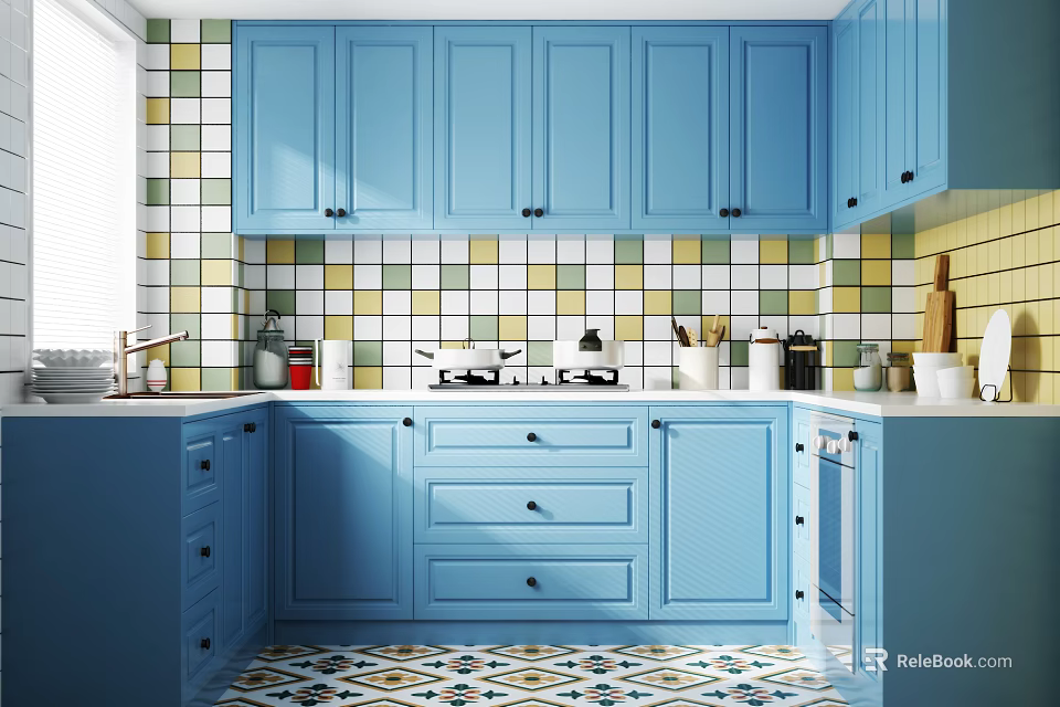 Bright Modern Kitchen Interior With Blue Cabinets And Colorful Tiled Backsplash 3d model 