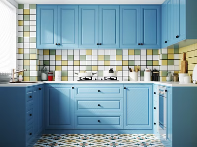 Bright Modern Kitchen Interior With Blue Cabinets And Colorful Tiled Backsplash 3d model
