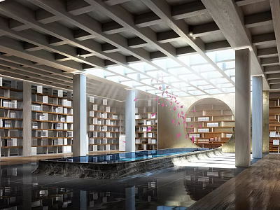 Modern Sales Office with Wooden Ceiling Large Glass Windows Central Pool Arched Door and Bookshelves 3d model