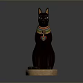 Egyptian Style Black Cat Statue With Colorful Collar On Stone Base