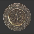 Elegant Circular Copper Jewelry Plate With Intricate Engraved Figures And Patterns 3d model
