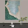 Abstract Wall Painting Green White Textured Artwork Hanging In Modern Room With Potted Plants
