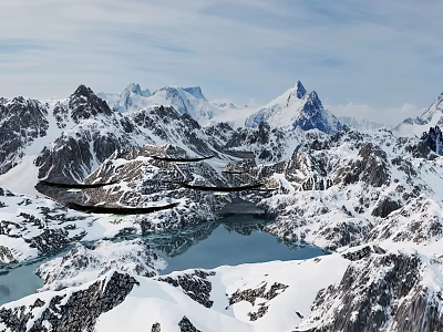Natural Garden Landscape With Snowy Mountain Peaks And Calm Lake Reflections 3d model