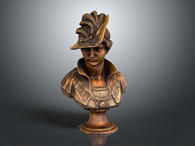 Ornamental Bronze Bust Sculpture Furniture With Feathered Hat And Decorative Collar Pedestal Base 3d model
