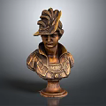 Ornamental Bronze Bust Sculpture Furniture With Feathered Hat And Decorative Collar Pedestal Base