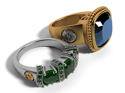 Elegant Jewelry Rings Gold Band With Blue Gemstone And Silver Setting Green Stones Intricate Design 3d model