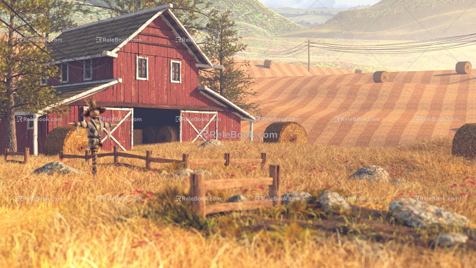 Outdoor Landscape Farm Straw Warehouse Scarecrow threshing ground 3d model