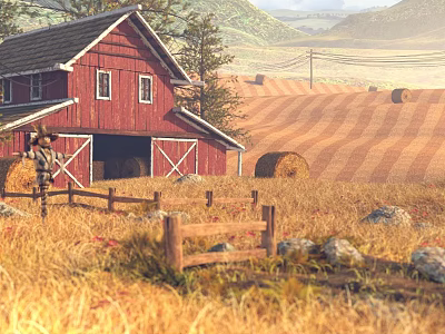 Rural Landscape Featuring Red Barn Golden Wheat Field Hay Bales Wooden Fence And Distant Mountains 3d model