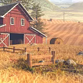Rural Landscape Featuring Red Barn Golden Wheat Field Hay Bales Wooden Fence And Distant Mountains