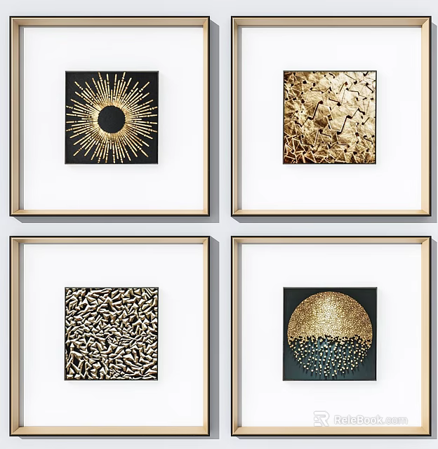 Modern Framed Decorative Wall Art With Gold Abstract Patterns And Textures 3d model