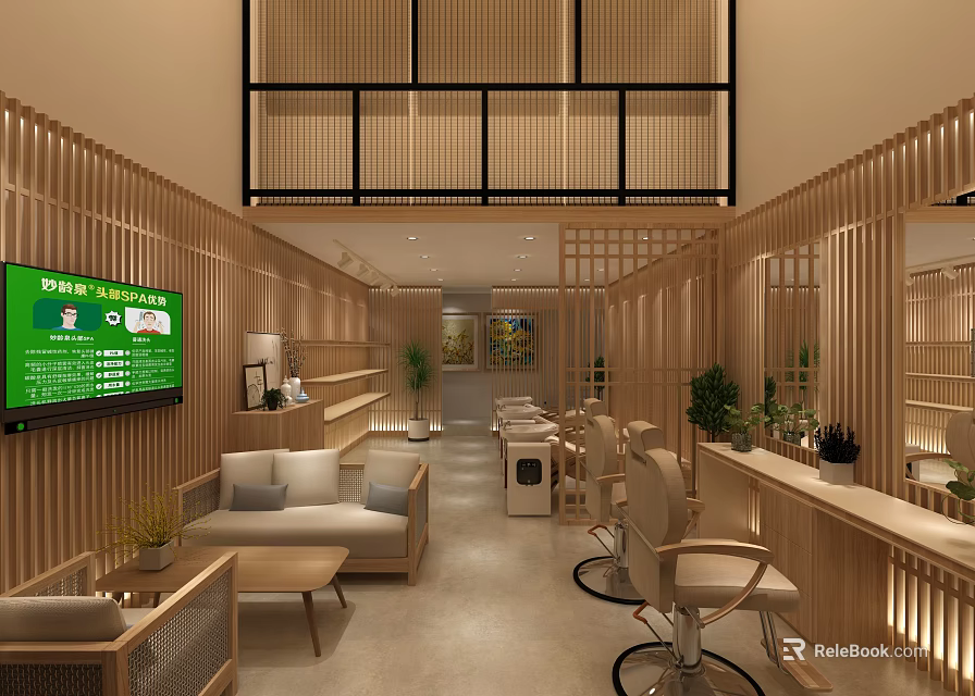 Beauty Hair Salon Wooden Interior With Sofa Hair Styling Chairs Green Plants And TV Screen 3d model 