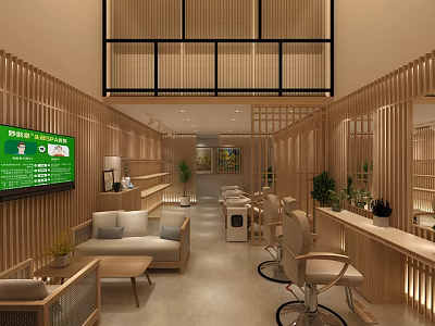 Beauty Hair Salon Wooden Interior With Sofa Hair Styling Chairs Green Plants And TV Screen 3d model