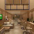 Beauty Hair Salon Wooden Interior With Sofa Hair Styling Chairs Green Plants And TV Screen