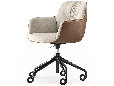 Light Gray Fabric Accent Chair With Brown Leather Armrests And Black Metal Base Wheels 3d model