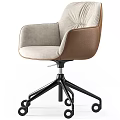Light Gray Fabric Accent Chair With Brown Leather Armrests And Black Metal Base Wheels