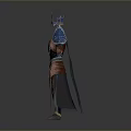 Mythical Warrior Character In Ornate Blue Gold Armor With Creature Details
