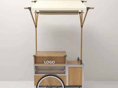 Stylish Mobile Vendor Cart With Wooden Canopy Metal Frame And Logo 3d model