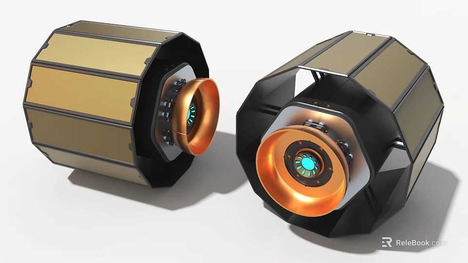 Cylindrical Industrial Equipment With Gold And Black Metallic Casing And Illuminated Circular Components 3d model 