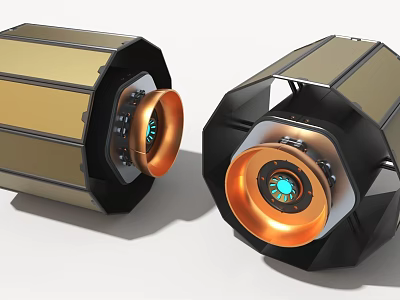 Cylindrical Industrial Equipment With Gold And Black Metallic Casing And Illuminated Circular Components 3d model