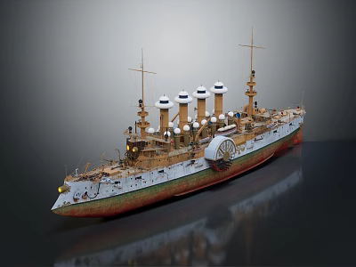 Old Warship Model With Three White Funnels Brown Green Hull Detailed Deck And Masts 3d model
