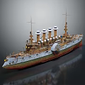 Old Warship Model With Three White Funnels Brown Green Hull Detailed Deck And Masts