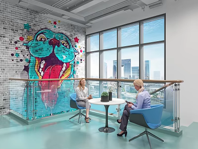 Modern Lounge Area With Colorful Dog Graffiti Large Windows City View Round Table Blue Chairs 3d model