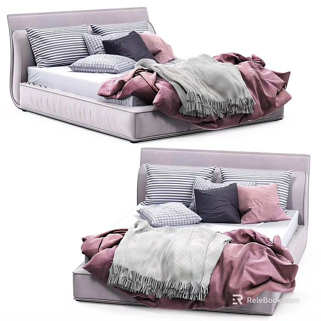 Modern Double Bed With Soft Striped Pillows And Cozy Blanket Design 3d model 