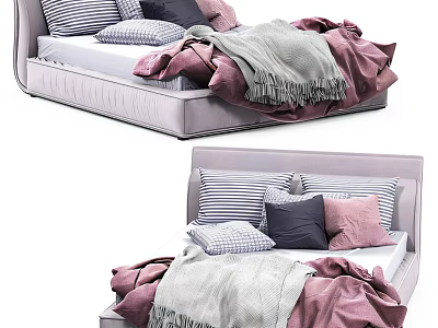 Modern Double Bed With Soft Striped Pillows And Cozy Blanket Design 3d model