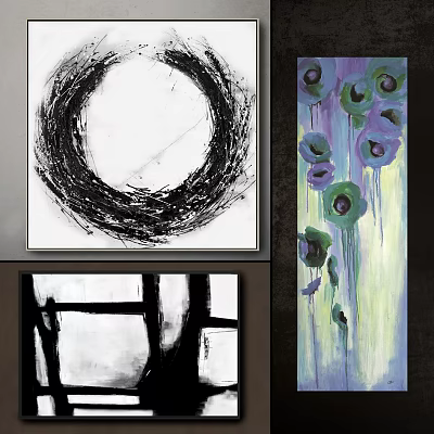 Modern Abstract Paintings With Black White Circular Lines And Purple Green Floral Geometric Shapes 3d model