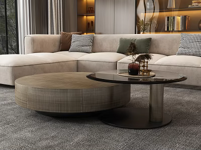 Modern Living Room Interior With Round Fabric And Black Glass Coffee Tables 3d model