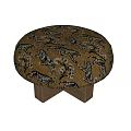 Stylish Round Stool With Tiger Pattern Brown Upholstery And Dark Wooden Base 3d model