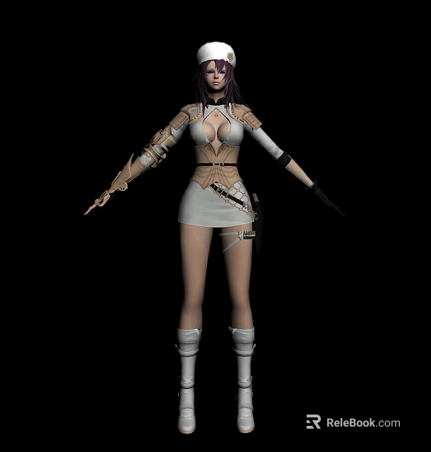 Game Movie Character with Purple Hair White Short Skirt Brown Outfit Arm Armor and Weapon 3d model 