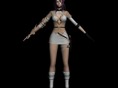 Game Movie Character with Purple Hair White Short Skirt Brown Outfit Arm Armor and Weapon 3d model
