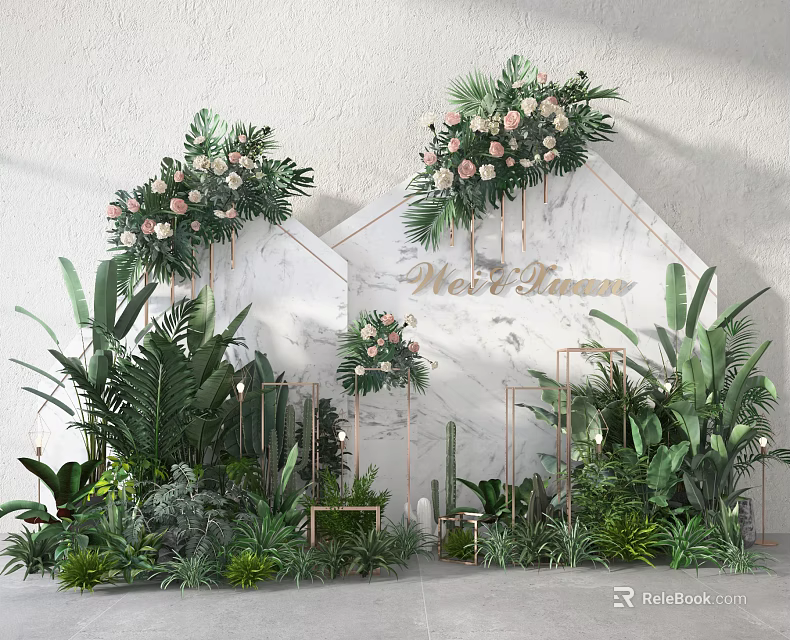 Elegant Wedding Ceremony Decor With Geometric Backdrop Floral Arrangements Greenery And New Chapter Sign 3d model 