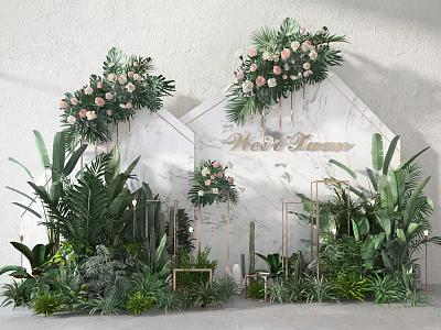 Elegant Wedding Ceremony Decor With Geometric Backdrop Floral Arrangements Greenery And New Chapter Sign 3d model