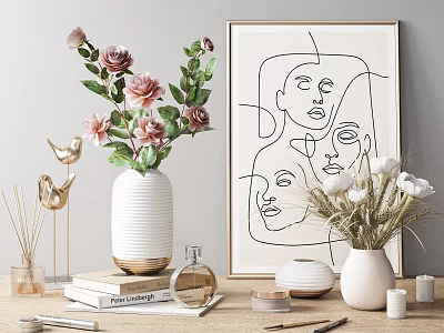 Decorative Ornament Set With Pink Roses Line Art Painting Golden Bird Aromatherapy Bottle And Books 3d model