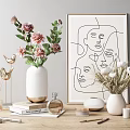 Decorative Ornament Set With Pink Roses Line Art Painting Golden Bird Aromatherapy Bottle And Books