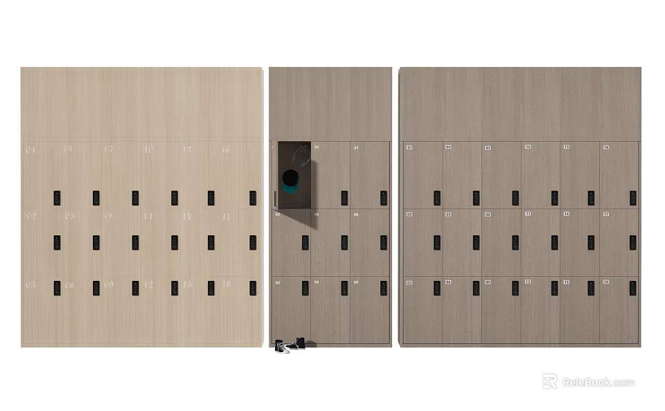 Modern Lockers Side by Side With Central Black Square Compartment and Small Items 3d model 