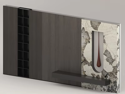 Modern Background Wall Design with Wooden Texture Marble Accent Black Grid and Shelf 3d model