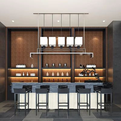 Modern Front Desk Reception With Elegant Counter Hanging Pendant Lights And Decorative Wall Shelves 3d model