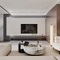 Modern Living Dining Room Interior With Beige L-shaped Sofa Marble Coffee Table And Floor Lamp