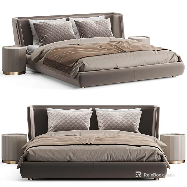 Modern Upholstered Double Bed With Quilted Pillows And Bedside Tables 3d model 
