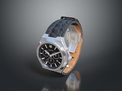 Elegant Modern Watch With Black Dial Silver Case And Black Leather Strap 3d model