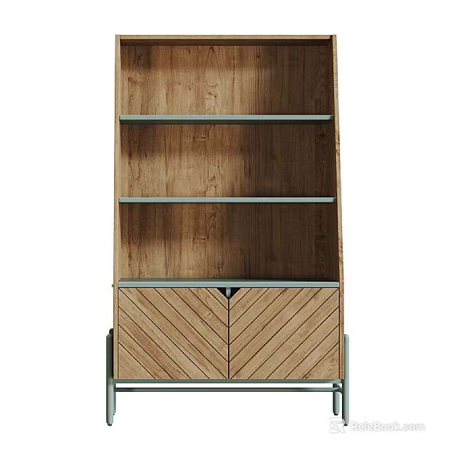 Wooden Storage Cabinet With Metal Frame Shelves And Herringbone Pattern Doors 3d model 