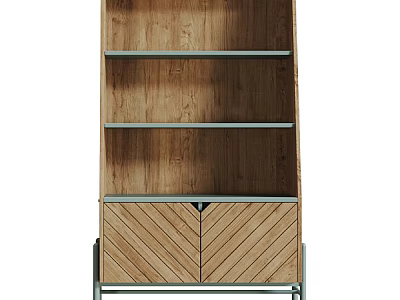 Wooden Storage Cabinet With Metal Frame Shelves And Herringbone Pattern Doors 3d model