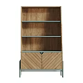 Wooden Storage Cabinet With Metal Frame Shelves And Herringbone Pattern Doors