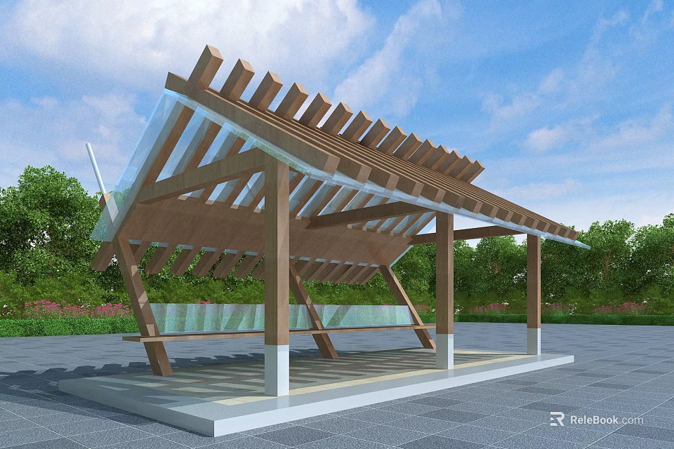 Modern Wooden Pergola with Sloped Roof and Glass Panels in Park with Green Plants 3d model 