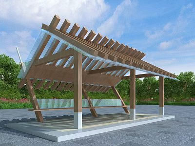 Modern Wooden Pergola with Sloped Roof and Glass Panels in Park with Green Plants 3d model
